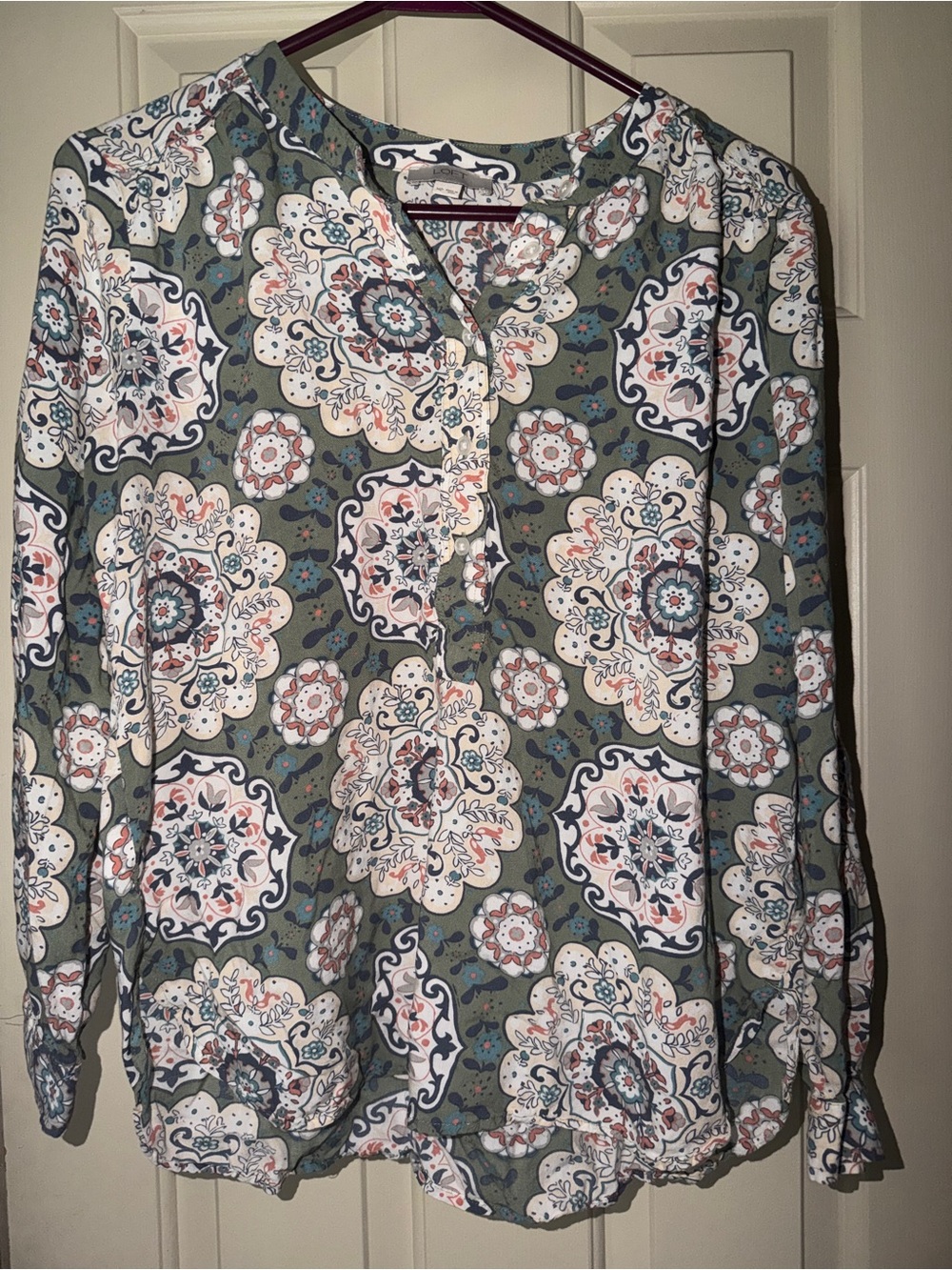 LOFT Sage and Cream Medallion Henley Tunic with peach  Accents
